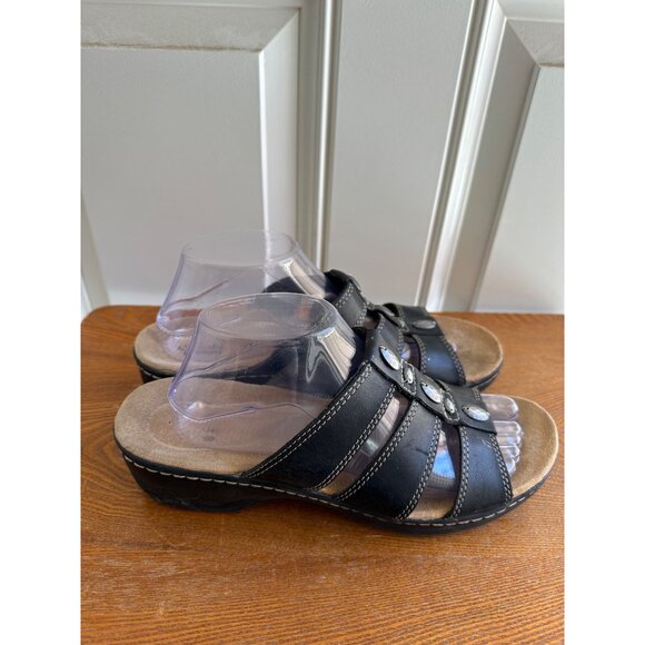 Women's Clarks Collection Textured Leather Slip On Sandals Black Size 10 Sku 299 - Picture 2 of 8